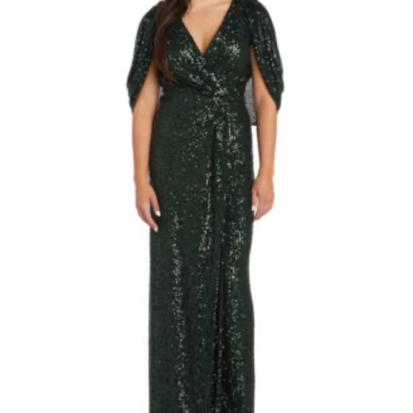 NWT Nightway Women's V-Neck Cape-Back Sequin Gown, Pine - Picture 4 of 5